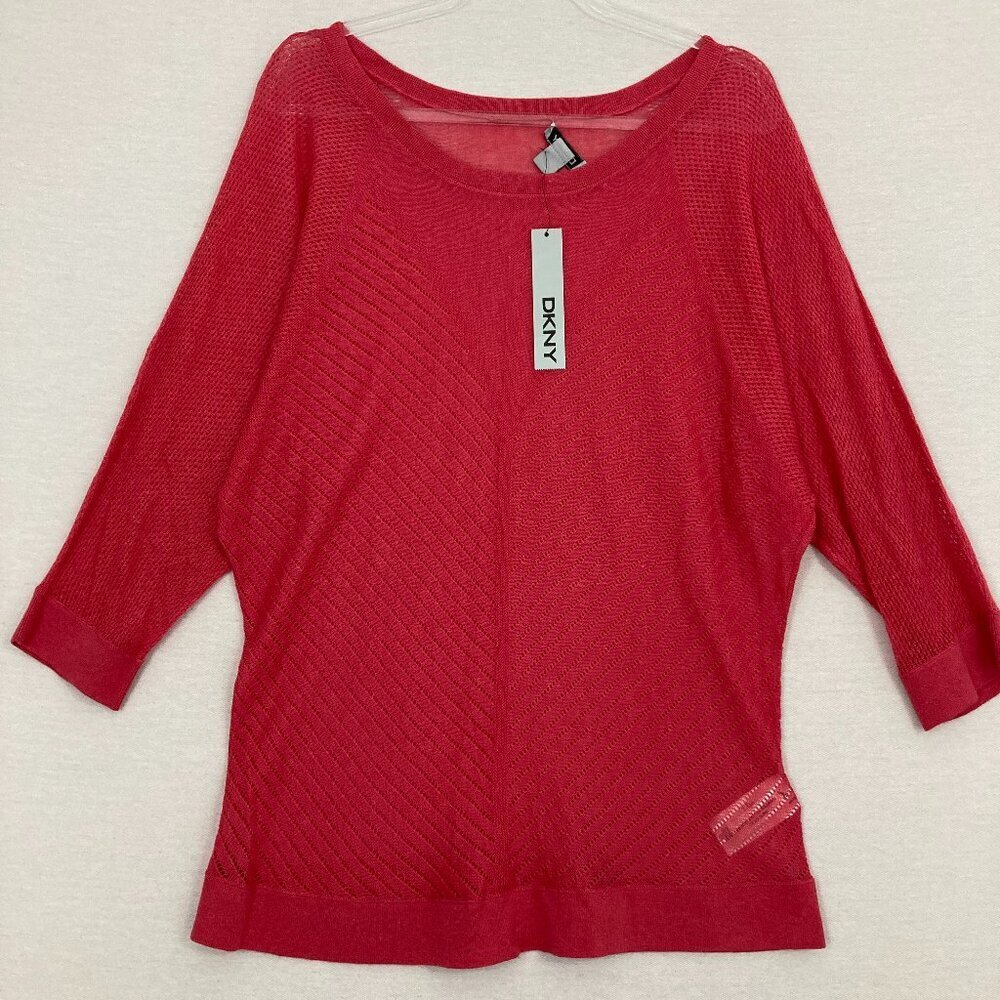 New DKNY Red Round Neck Light Knit Textured 3/4 Sleeve Sweater XL Comfy